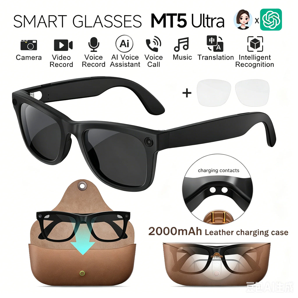 MT5 Ultra AI Smart Glasses Real-time Translation Glasses 800W Pixel Camera Photo Video Recording Waterproof Smart Sunglasses NEW